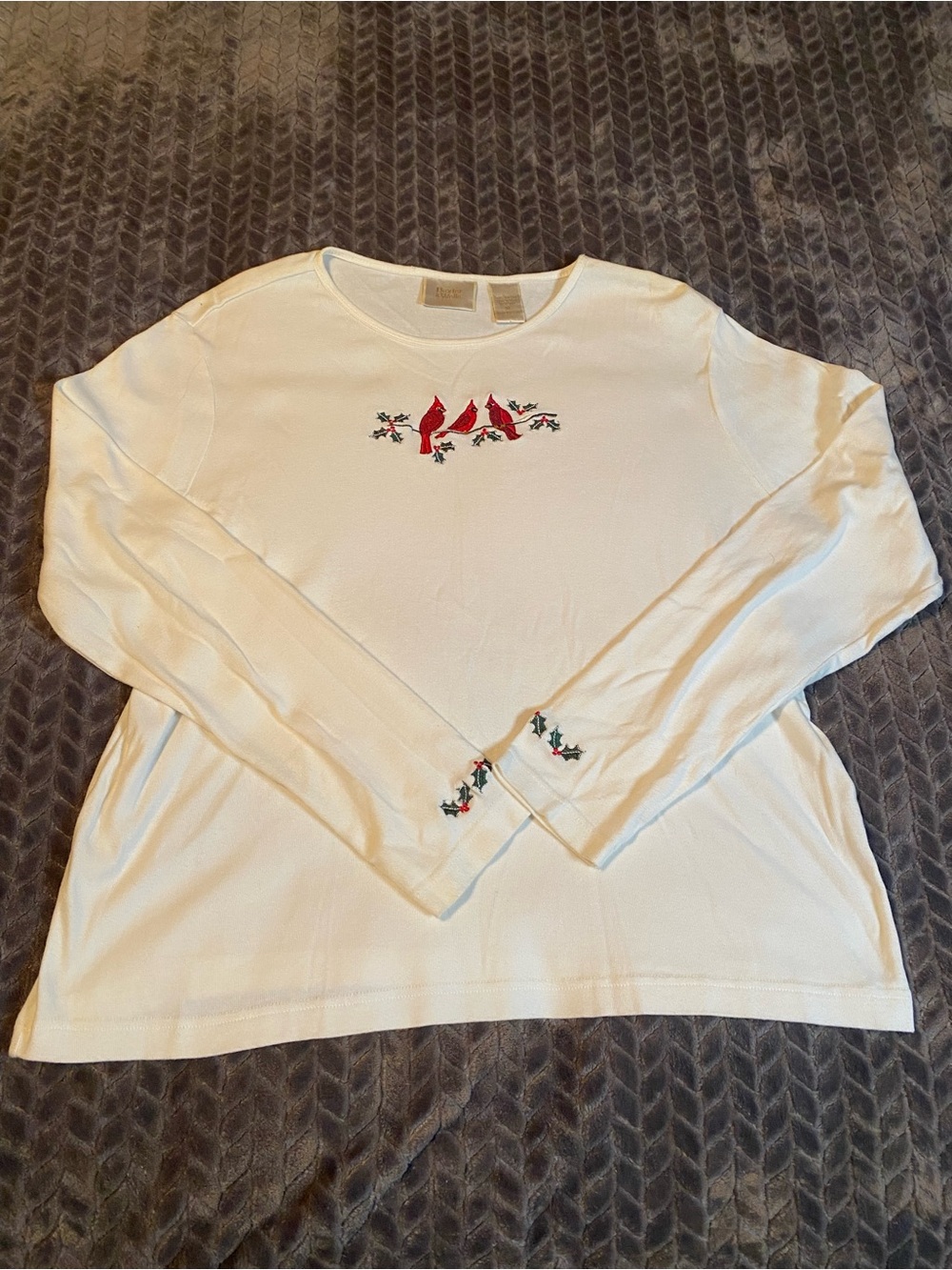 Embroidered Cardinal Long Sleeve Top - off white